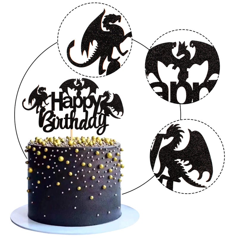 Ercadio 1 Pack Dragon Happy Birthday Cake Topper Black Glitter Dinosaur Cake Pick Decoration for Dragon Theme Birthday Party Supplies - Image 3